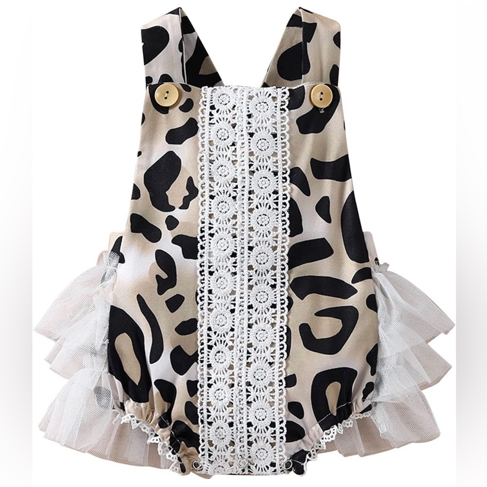 Baby Girls Leopard and Lace Romper with Ruffled Bottom